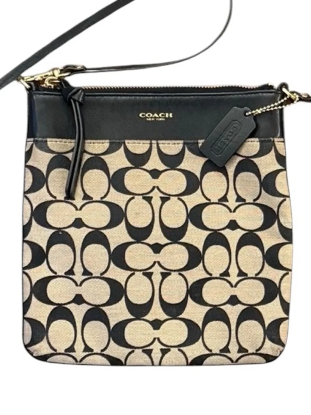 Coach Signature Monogram Crossbody Bag Black Tan Jacquard Canvas Leather Hangtag